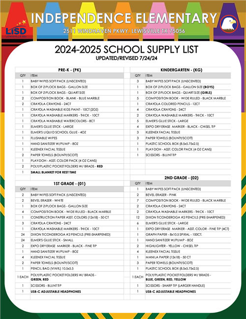 PK - 2nd Grade Supply List